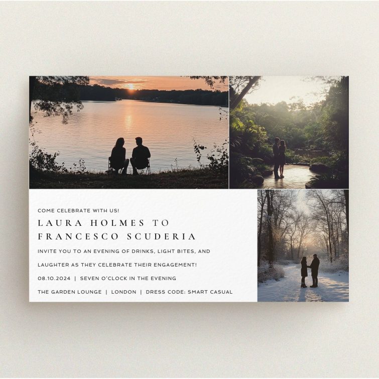 Elegant engagement party invitations featuring three romantic couple photos in nature settings.