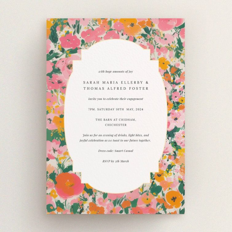 Floral engagement party invitations design with colourful background pattern and elegant typography, no photos included.