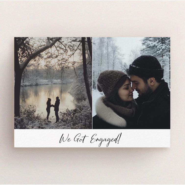 Engagement party invitations design with two photos of a couple in a snowy setting.
