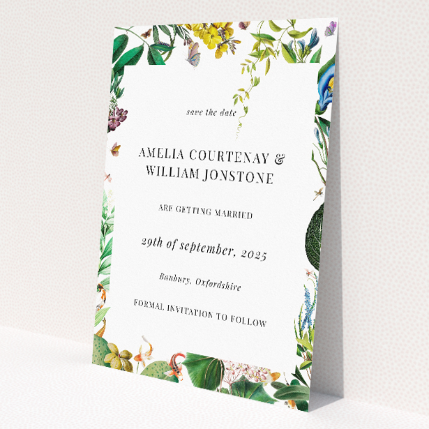 A6-sized English garden-themed Save the Date card adorned with vibrant florals and lush foliage, capturing the essence of a classic garden setting, perfect for announcing your upcoming nuptials with sophistication and elegance This is a view of the back