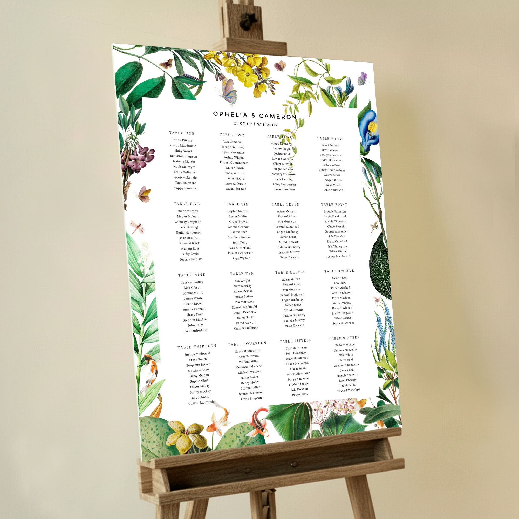 Personalized English Garden Delight Seating Plan Board with whimsical yellow flowers, butterflies, and Koi carp swimming amongst watery plant life. This one is formatted for 16 tables.