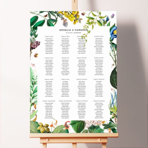 Personalized English Garden Delight Seating Plan Board with whimsical yellow flowers, butterflies, and Koi carp swimming amongst watery plant life. This one is formatted for 16 tables.