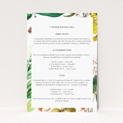 English Garden Delight wedding information insert card featuring vibrant floral motifs evoking the allure of an English garden in full bloom. This is a view of the front