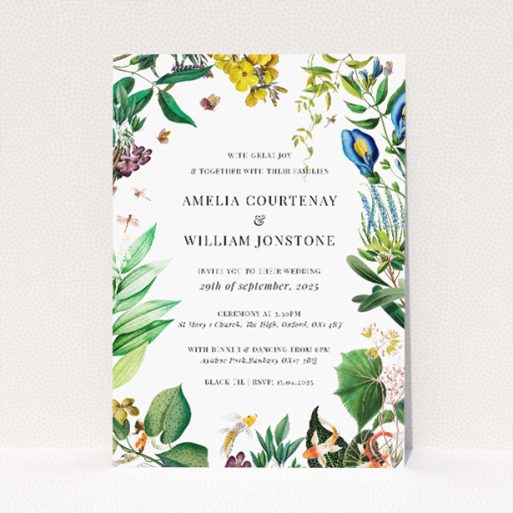 "English Garden Delight wedding invitation featuring a vibrant array of flowers and leaves in a spectrum of colours against a white background, capturing the beauty and spirit of an English garden in full bloom.". This is a view of the front