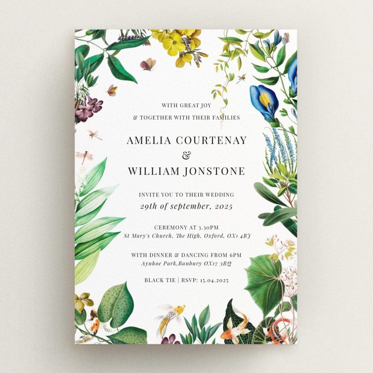 "English Garden Delight wedding invitation featuring a vibrant array of flowers and leaves in a spectrum of colours against a white background, capturing the beauty and spirit of an English garden in full bloom.". This is a view of the front