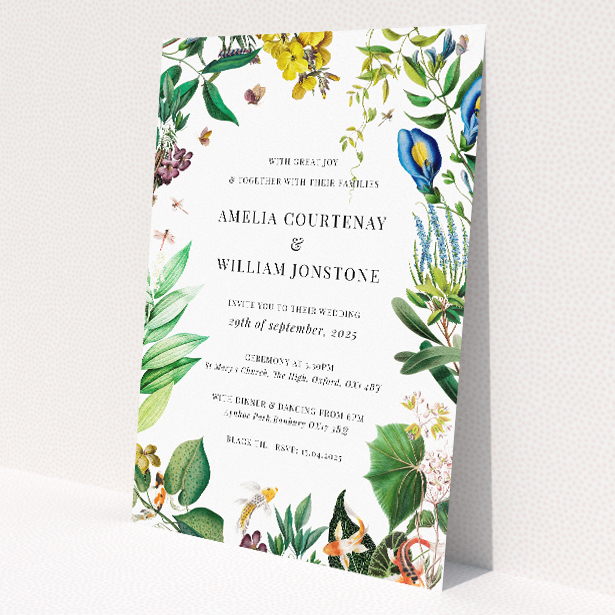 'English Garden Delight wedding invitation featuring a vibrant array of flowers and leaves in a spectrum of colours against a white background, capturing the beauty and spirit of an English garden in full bloom.'. This is a view of the front