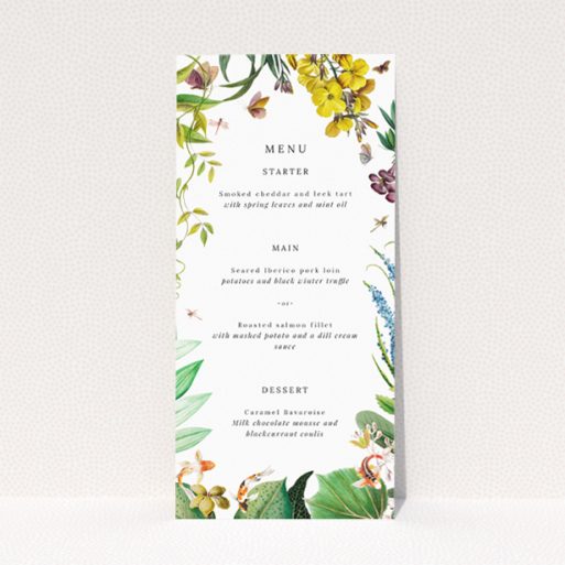 "English Garden Delight wedding menu template - Botanical celebration inspired by vibrant English gardens, perfect for couples embracing tradition and beauty.". This is a view of the front