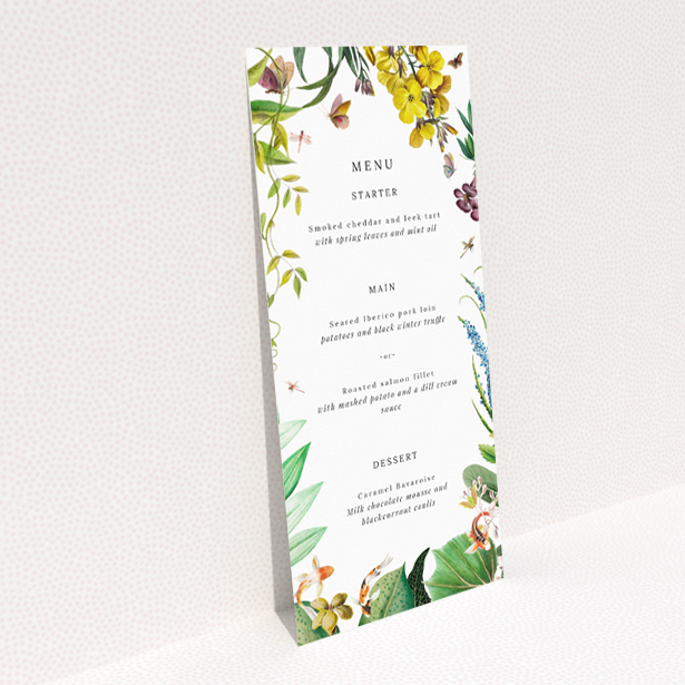 "English Garden Delight wedding menu template - Botanical celebration inspired by vibrant English gardens, perfect for couples embracing tradition and beauty.". This is a view of the back