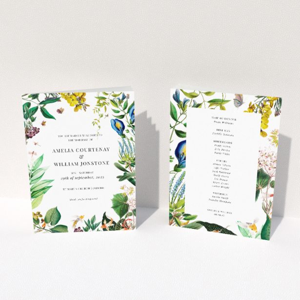 Quintessential English Garden Delight Wedding Order of Service Booklet with Illustrated Floral Border. This image shows the front and back sides together