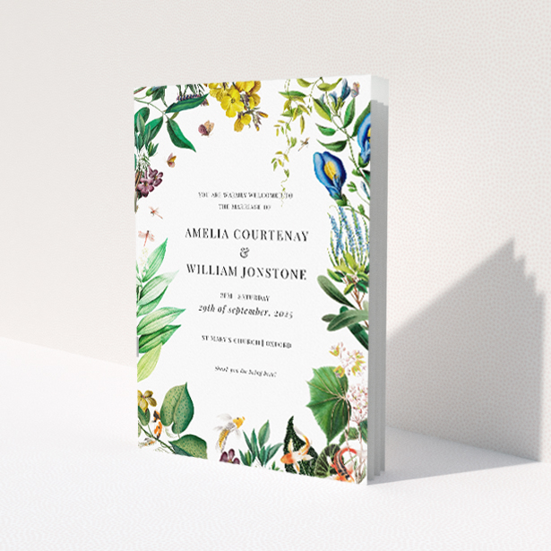 Quintessential English Garden Delight Wedding Order of Service Booklet with Illustrated Floral Border. This image shows the front and back sides together