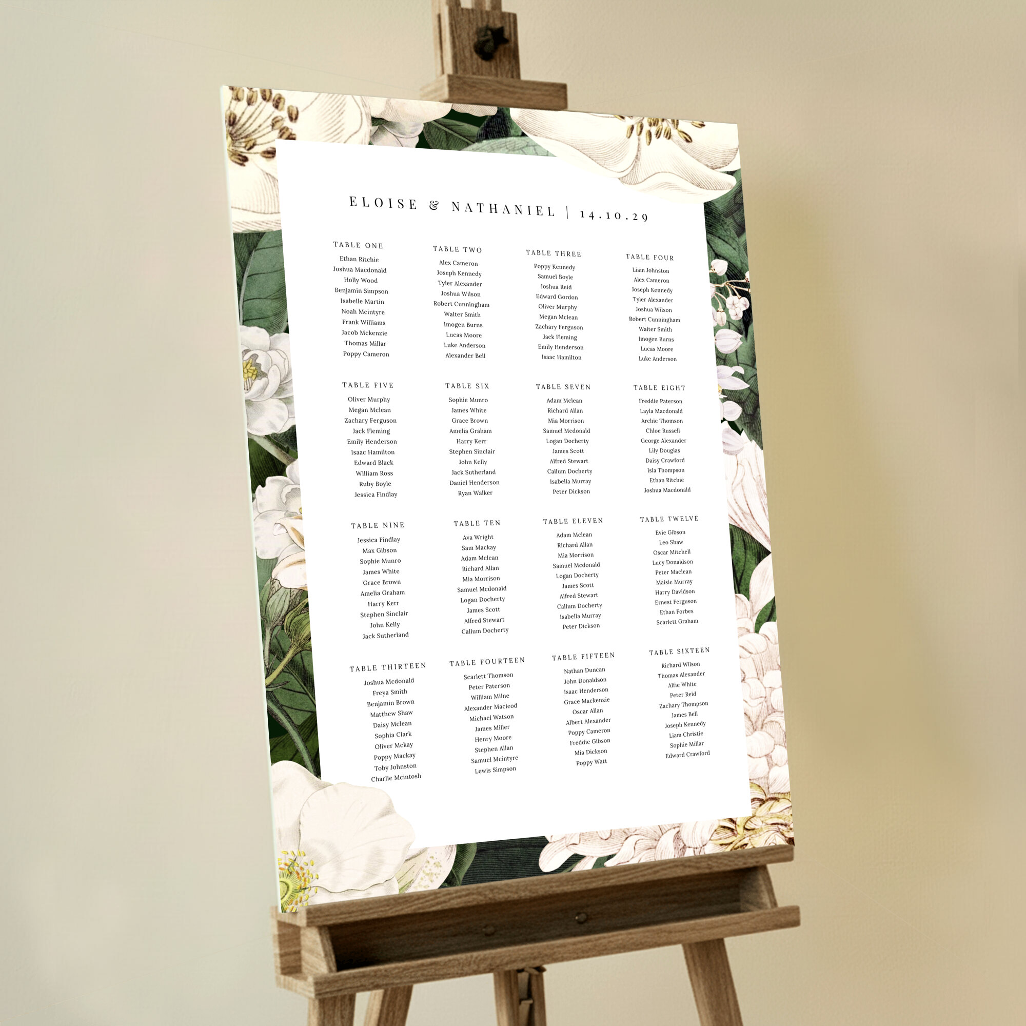 Bespoke Engraved Elegance Seating Charts featuring vintage design with floral elements, beautiful engravings, and illustrations of white flowers set against a dark green background, creating a timeless and sophisticated look for your wedding day.. This one has 16 tables.