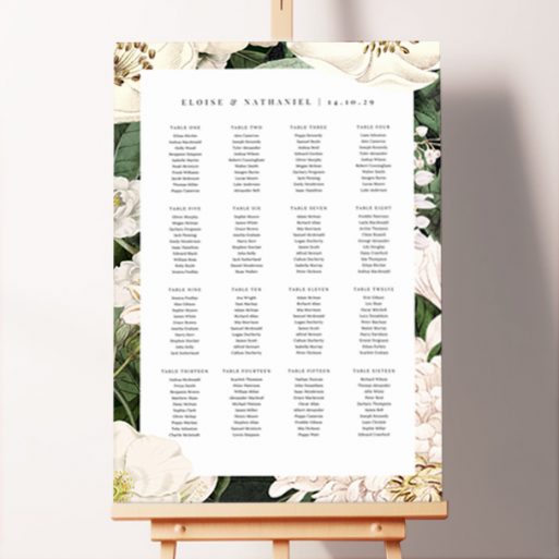 Bespoke Engraved Elegance Seating Charts featuring vintage design with floral elements, beautiful engravings, and illustrations of white flowers set against a dark green background, creating a timeless and sophisticated look for your wedding day.. This one has 16 tables.