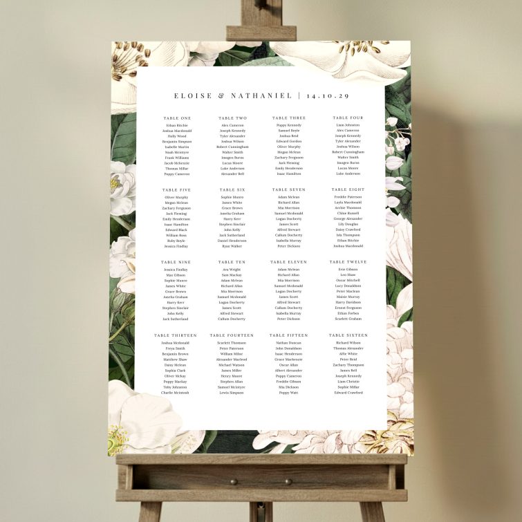 Bespoke Engraved Elegance Seating Charts featuring vintage design with floral elements, beautiful engravings, and illustrations of white flowers set against a dark green background, creating a timeless and sophisticated look for your wedding day.. This one has 16 tables.