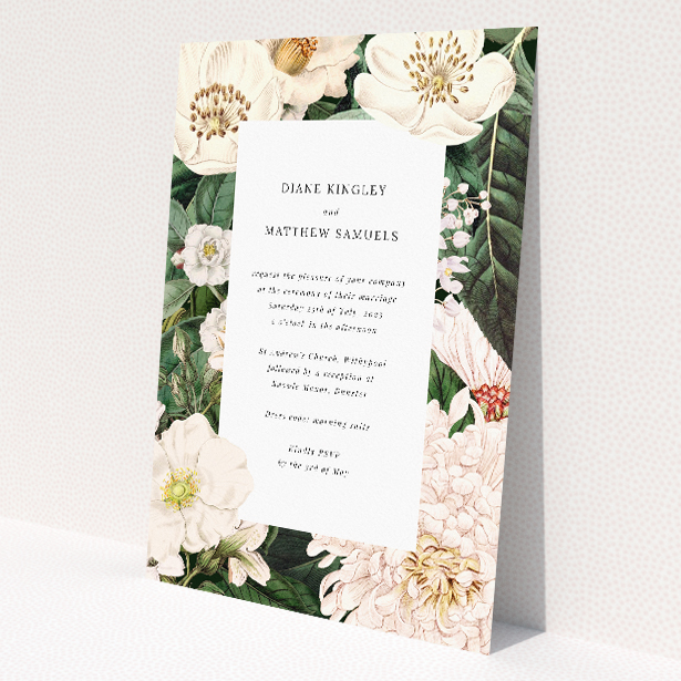 'Engraved Elegance' wedding invitation featuring detailed botanical illustrations in cream and blush tones, perfect for a sophisticated celebration of timeless beauty This is a view of the front