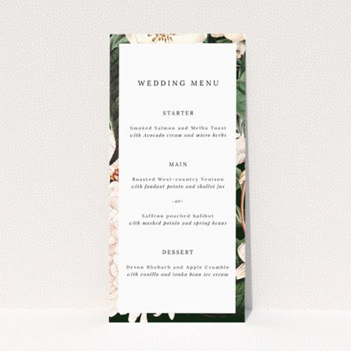 Engraved Elegance wedding menu template - timeless botanical illustrations for an understated yet opulent wedding aesthetic. This is a view of the front