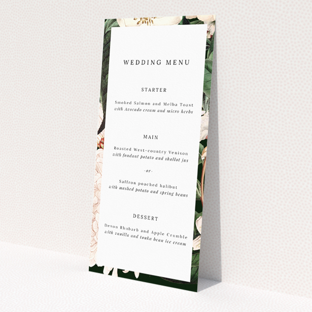 Engraved Elegance wedding menu template - timeless botanical illustrations for an understated yet opulent wedding aesthetic. This is a view of the back