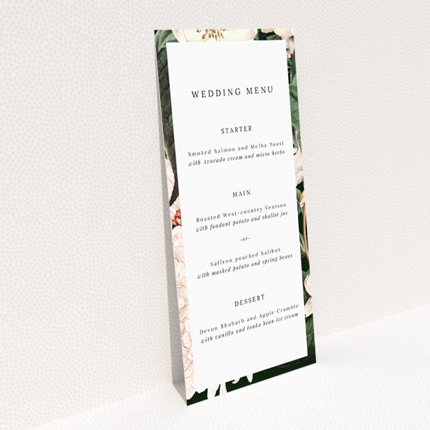 Engraved Elegance wedding menu template - timeless botanical illustrations for an understated yet opulent wedding aesthetic. This is a view of the back