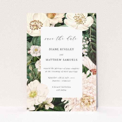 Engraved Elegance Wedding Save the Date Card Template - Vintage Floral Engravings in Cream, Peach, and Green. This is a view of the front