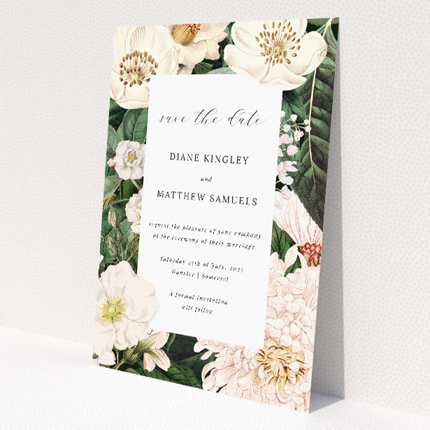 Engraved Elegance Wedding Save the Date Card Template - Vintage Floral Engravings in Cream, Peach, and Green. This is a view of the front