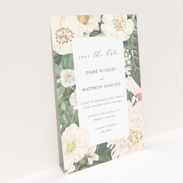 Engraved Elegance Wedding Save the Date Card Template - Vintage Floral Engravings in Cream, Peach, and Green. This is a view of the back