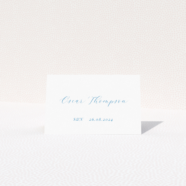 Engraved Swirl place cards table template - subtle, intricate swirl motif in soft blue on white for timeless sophistication. This is a view of the front