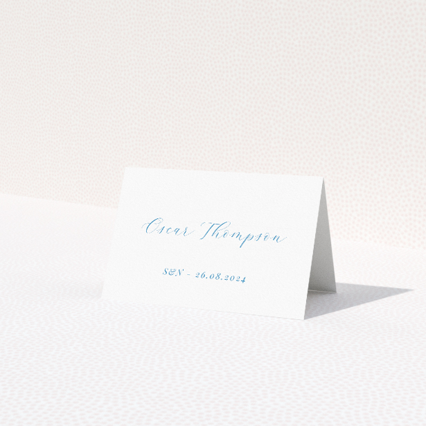 Engraved Swirl place cards table template - subtle, intricate swirl motif in soft blue on white for timeless sophistication. This is a third view of the front