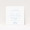 Engraved Swirl wedding save the date card featuring a serene colour palette of soft blues and flowing calligraphy font, perfect for couples desiring a hint of traditional charm with a contemporary and unfussy aesthetic for their classic and elegant wedding This is a view of the front