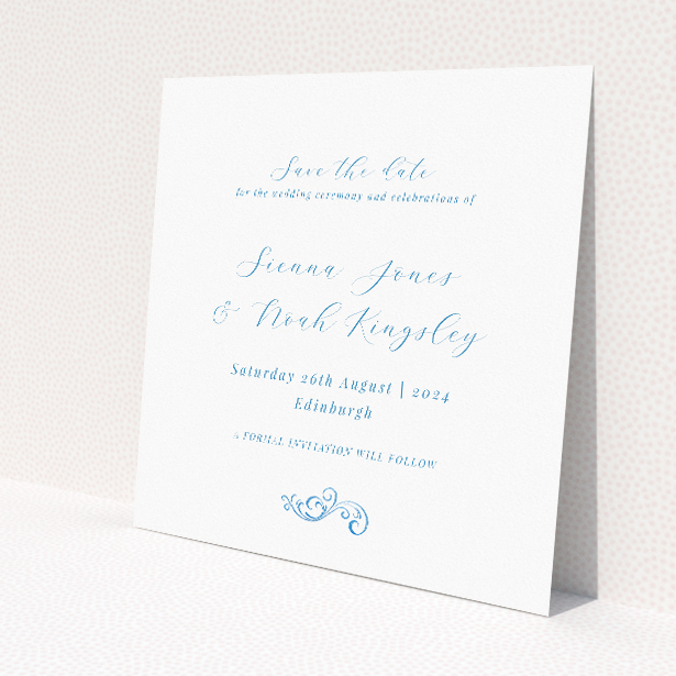 Engraved Swirl wedding save the date card featuring a serene colour palette of soft blues and flowing calligraphy font, perfect for couples desiring a hint of traditional charm with a contemporary and unfussy aesthetic for their classic and elegant wedding This is a view of the front