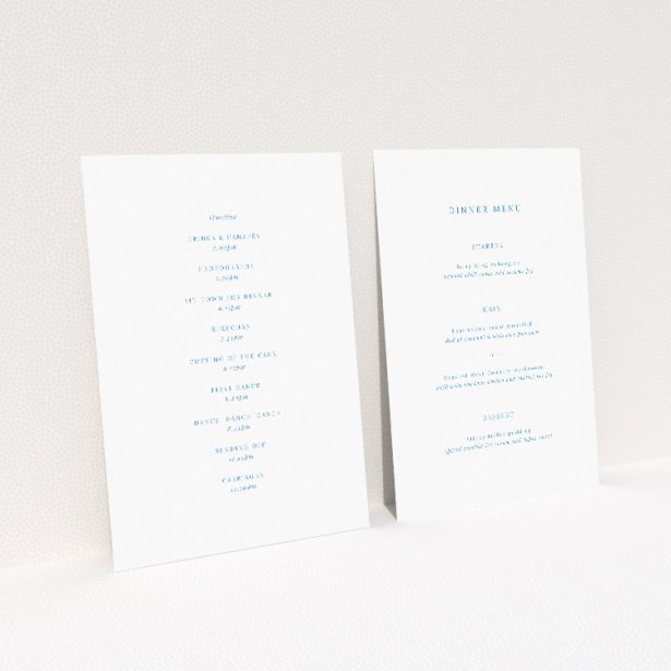 Engraved Swirl wedding menu template featuring a delicate swirl motif in soft blue against a clean white backdrop, embodying understated elegance and offering a tasteful preview of your special day This image shows the front and back sides together