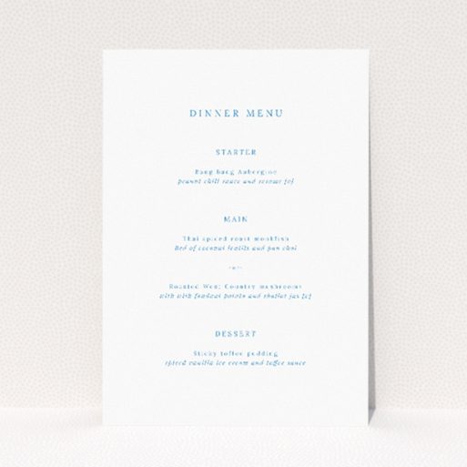 Engraved Swirl wedding menu template featuring a delicate swirl motif in soft blue against a clean white backdrop, embodying understated elegance and offering a tasteful preview of your special day This is a view of the front
