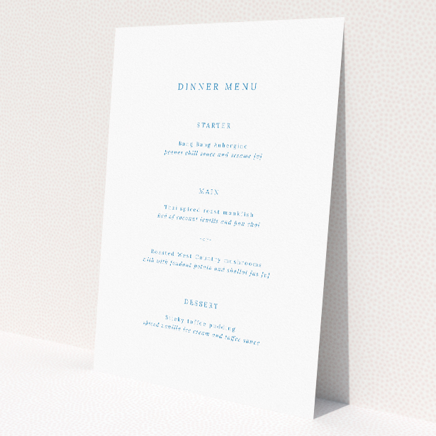 Engraved Swirl wedding menu template featuring a delicate swirl motif in soft blue against a clean white backdrop, embodying understated elegance and offering a tasteful preview of your special day This is a view of the front