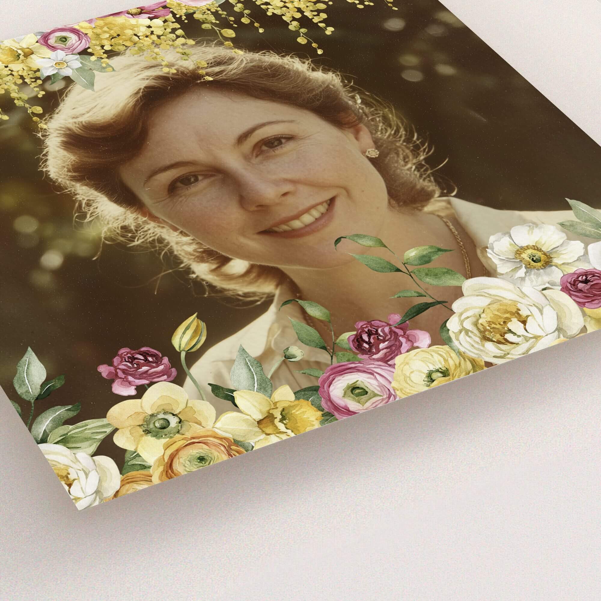 Funeral announcement card design featuring one photo with floral accents
