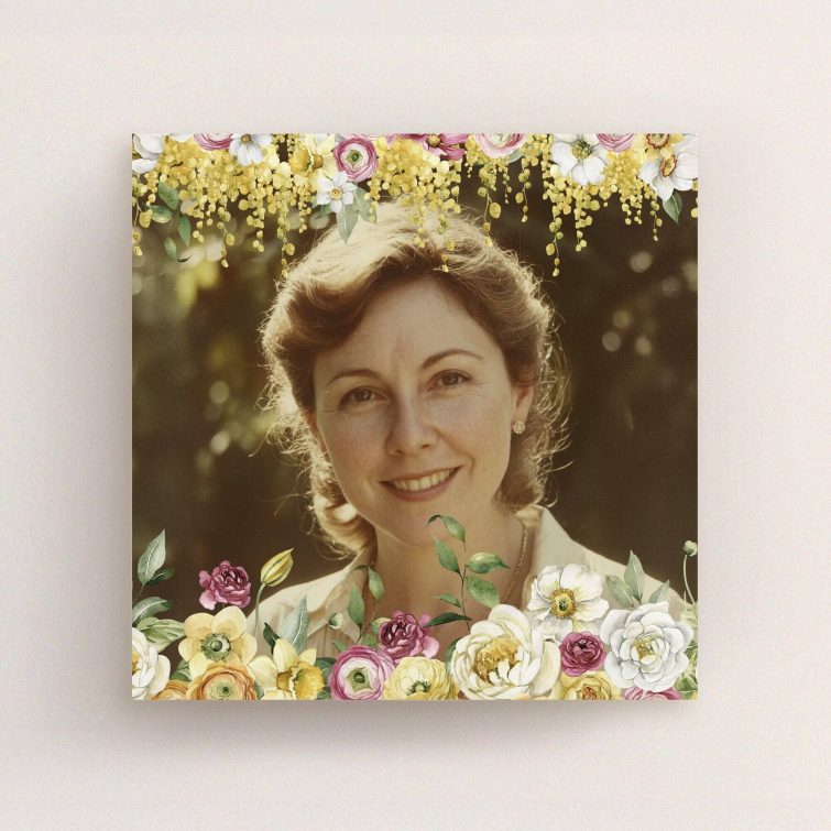 Funeral announcement card design featuring one photo with floral accents