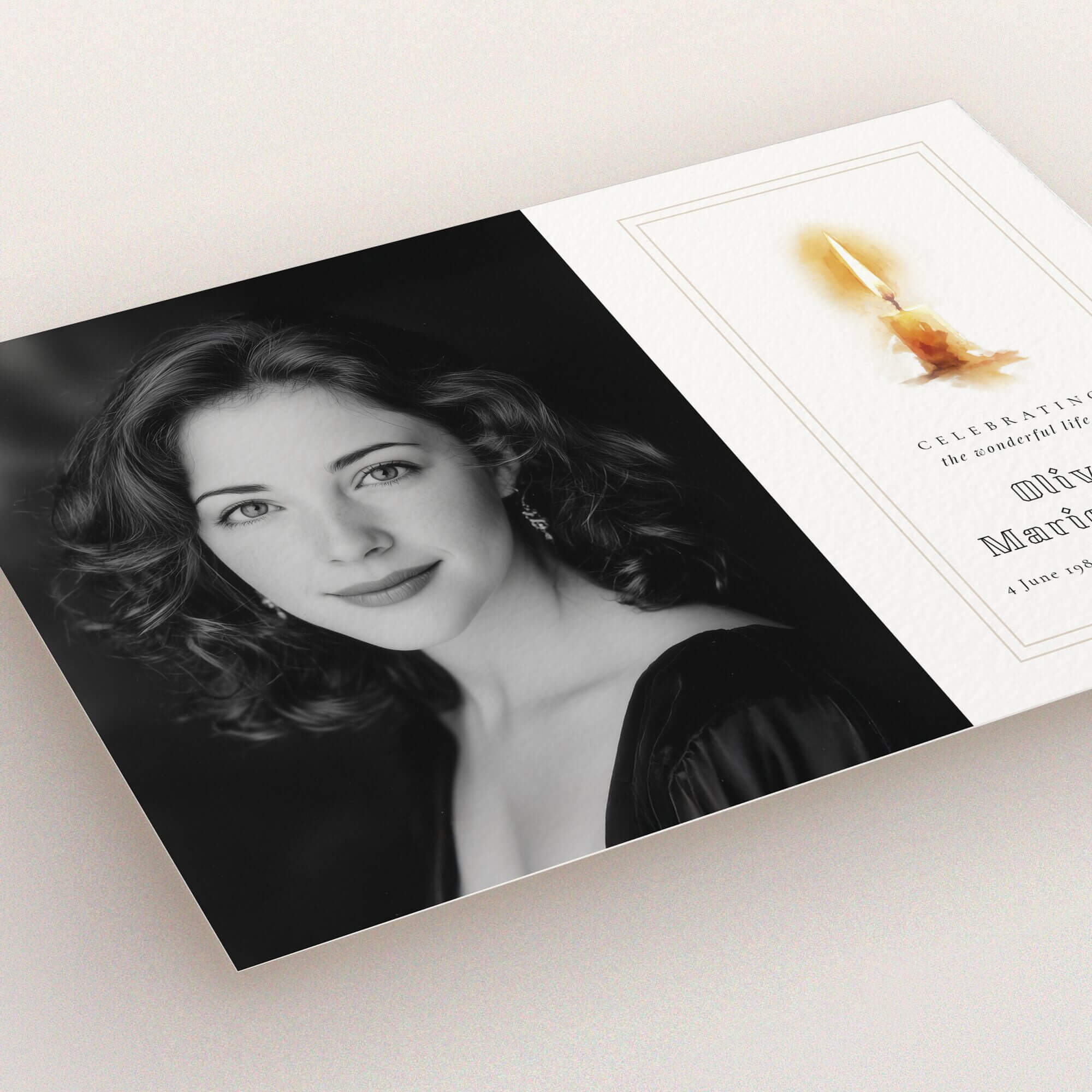 Funeral announcement design with black and white photo and candle illustration