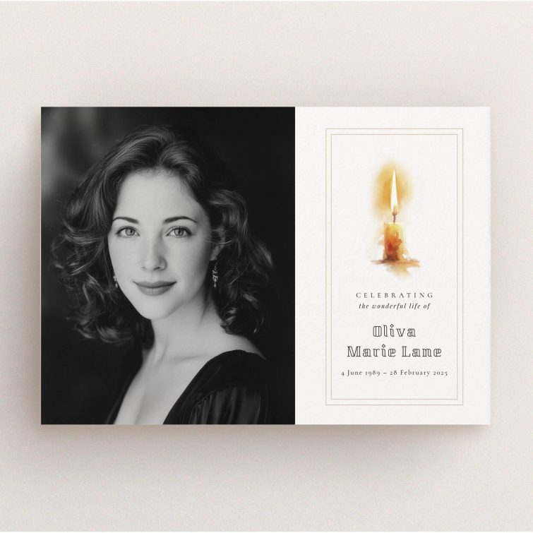 Funeral announcement design with black and white photo and candle illustration