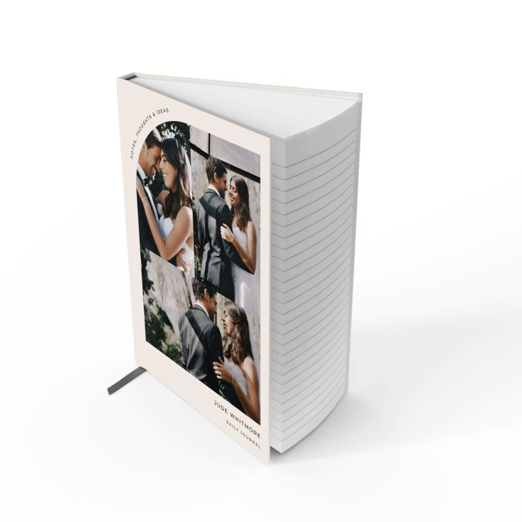 Custom wedding-themed notebook cover design featuring three photos, ideal for personalised daily journals by Utterly Printable.