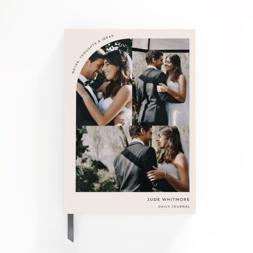 Custom wedding-themed notebook cover design featuring three photos, ideal for personalised daily journals by Utterly Printable.