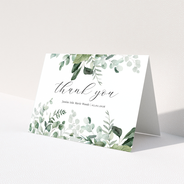 Baby thank you card with leafy green design and customisable text, no photos included