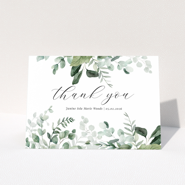 Baby thank you card with leafy green design and customisable text, no photos included
