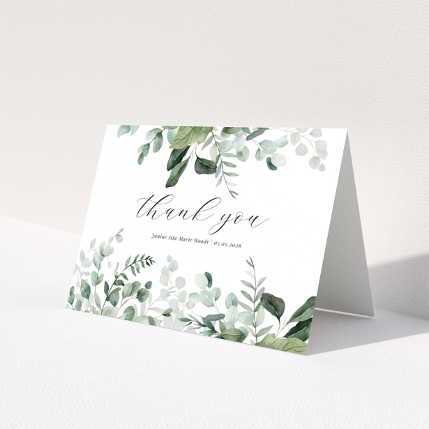 Baby thank you card with leafy green design and customisable text, no photos included