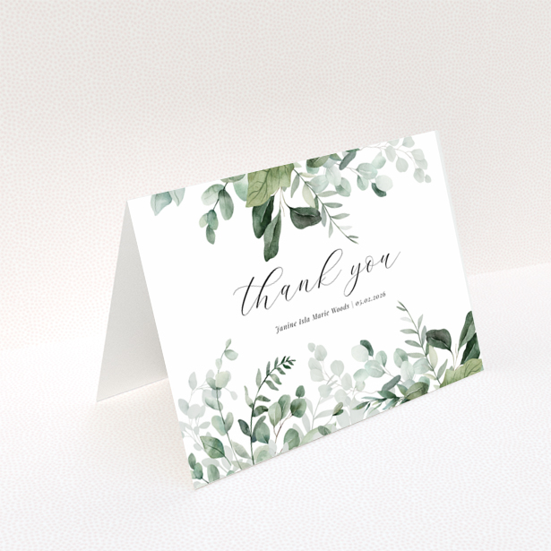 Baby thank you card with leafy green design and customisable text, no photos included