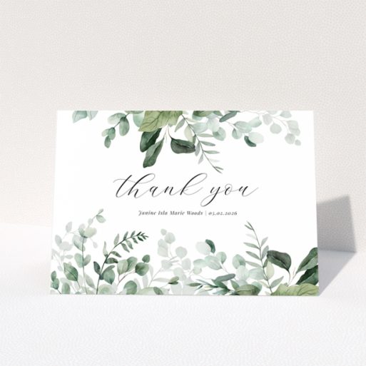 Baby thank you card with leafy green design and customisable text, no photos included