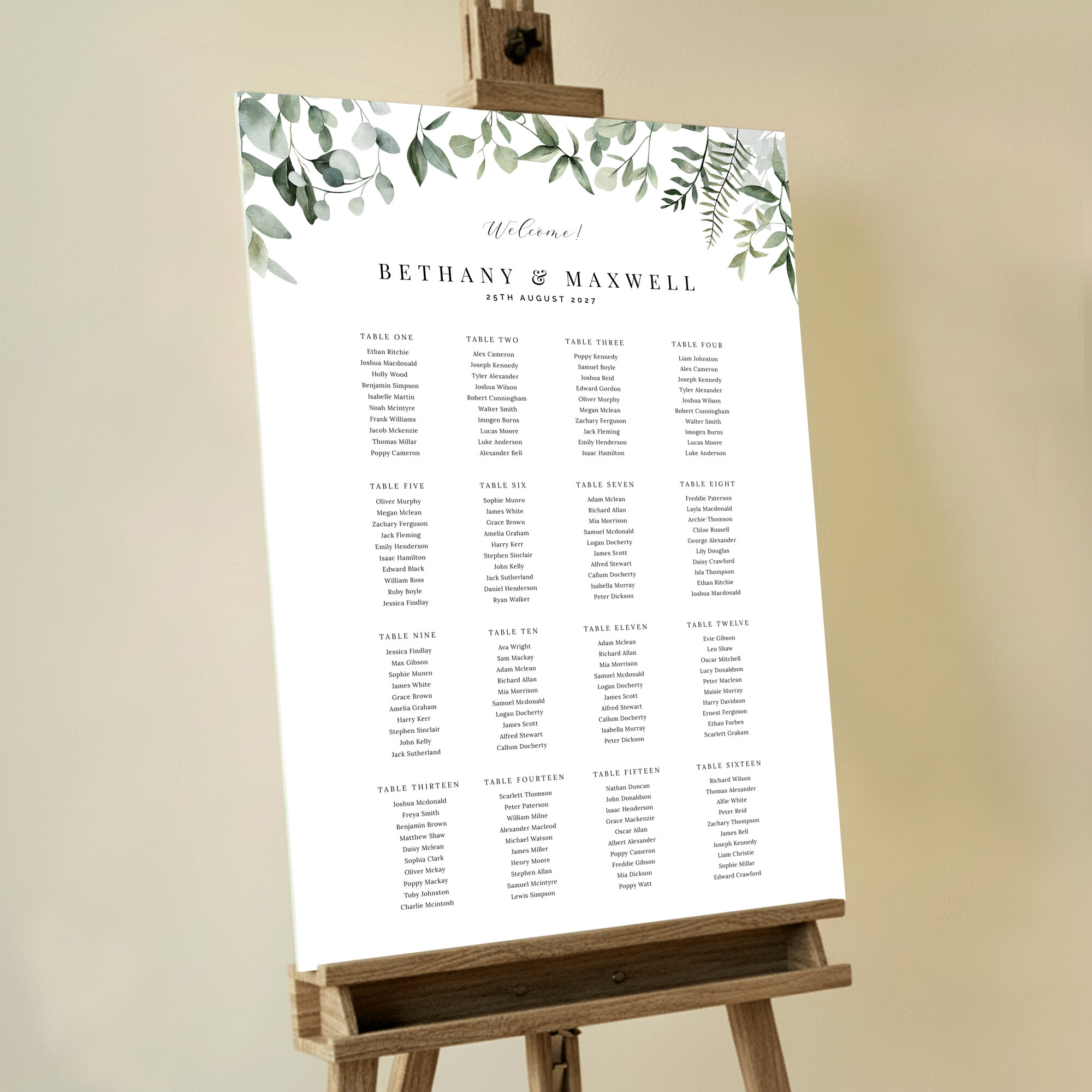 'Eucalyptus Bliss' Seating Plan featuring classic text on a white background with green and blue eucalyptus leaves at the top, adding a touch of elegance and natural beauty to your wedding celebration. This one is formatted for 16 tables.