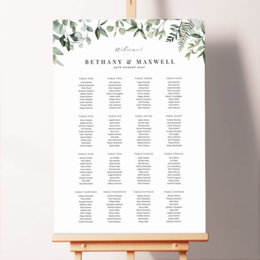 "Eucalyptus Bliss" Seating Plan featuring classic text on a white background with green and blue eucalyptus leaves at the top, adding a touch of elegance and natural beauty to your wedding celebration. This one is formatted for 16 tables.