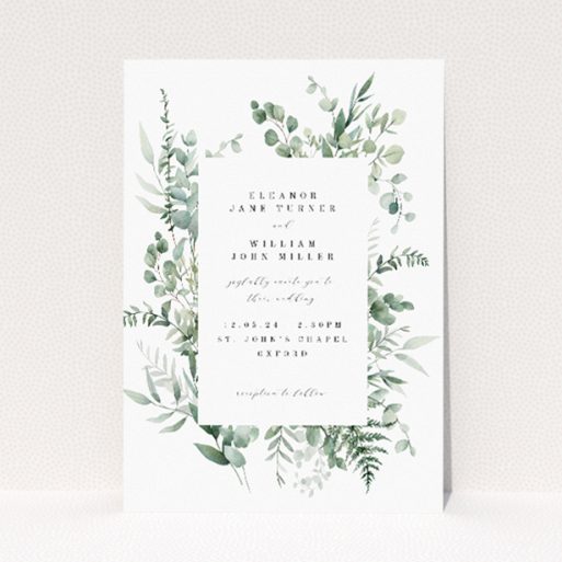 Eucalyptus Bloom Wedding Invitation - Delicate Watercolour Eucalyptus Leaves. This is a view of the front