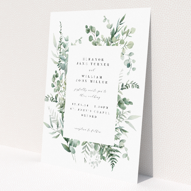 Eucalyptus Bloom Wedding Invitation - Delicate Watercolour Eucalyptus Leaves. This is a view of the front