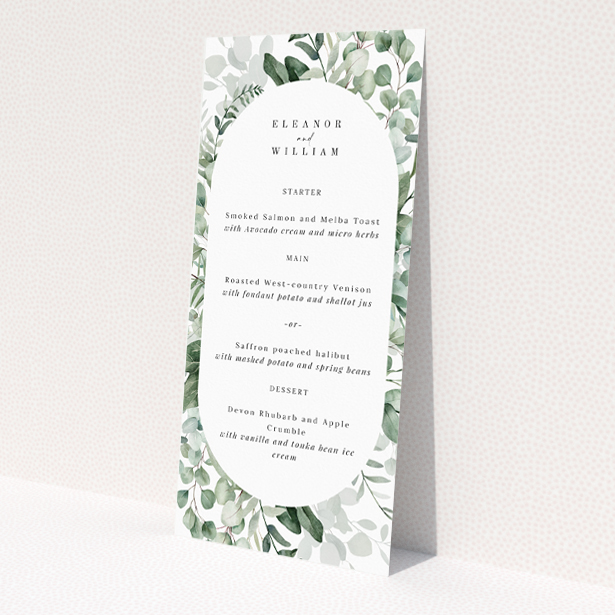 Eucalyptus Bloom wedding menu template embodying the serene elegance of eucalyptus foliage, ideal for couples seeking to infuse their celebration with the natural charm of the outdoors This is a view of the front