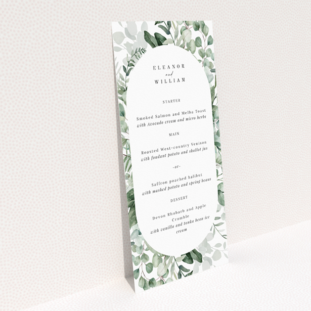 Eucalyptus Bloom wedding menu template embodying the serene elegance of eucalyptus foliage, ideal for couples seeking to infuse their celebration with the natural charm of the outdoors This is a view of the back