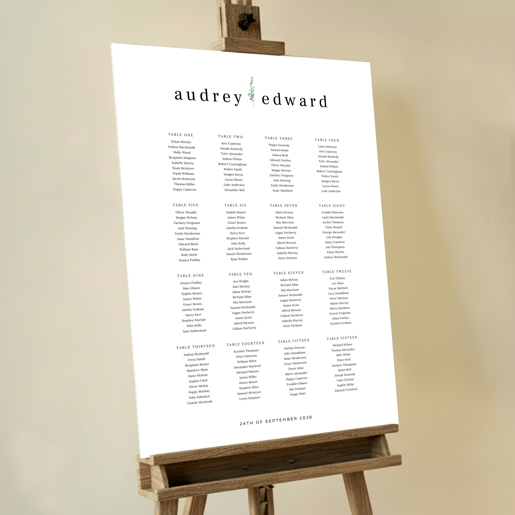 Seating plan design with a painted eucalyptus leavbe at the top. White background. A1 in size. This design is formatted for 16 tables.