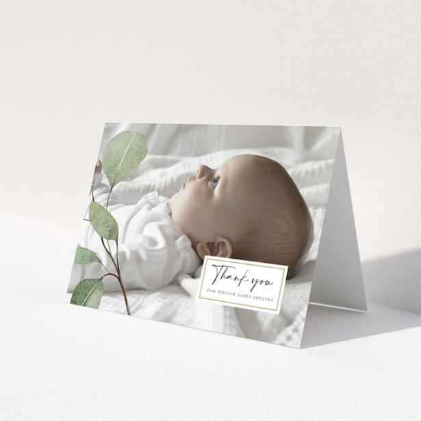 Baby thank you card with foliage design and one photo of a baby lying down